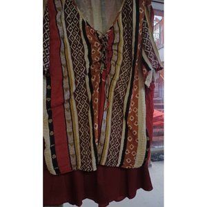 Vintage BOHO KLOZ Skirt (1X) & Blouse (3X) SS Rust & Multicolor Abstract